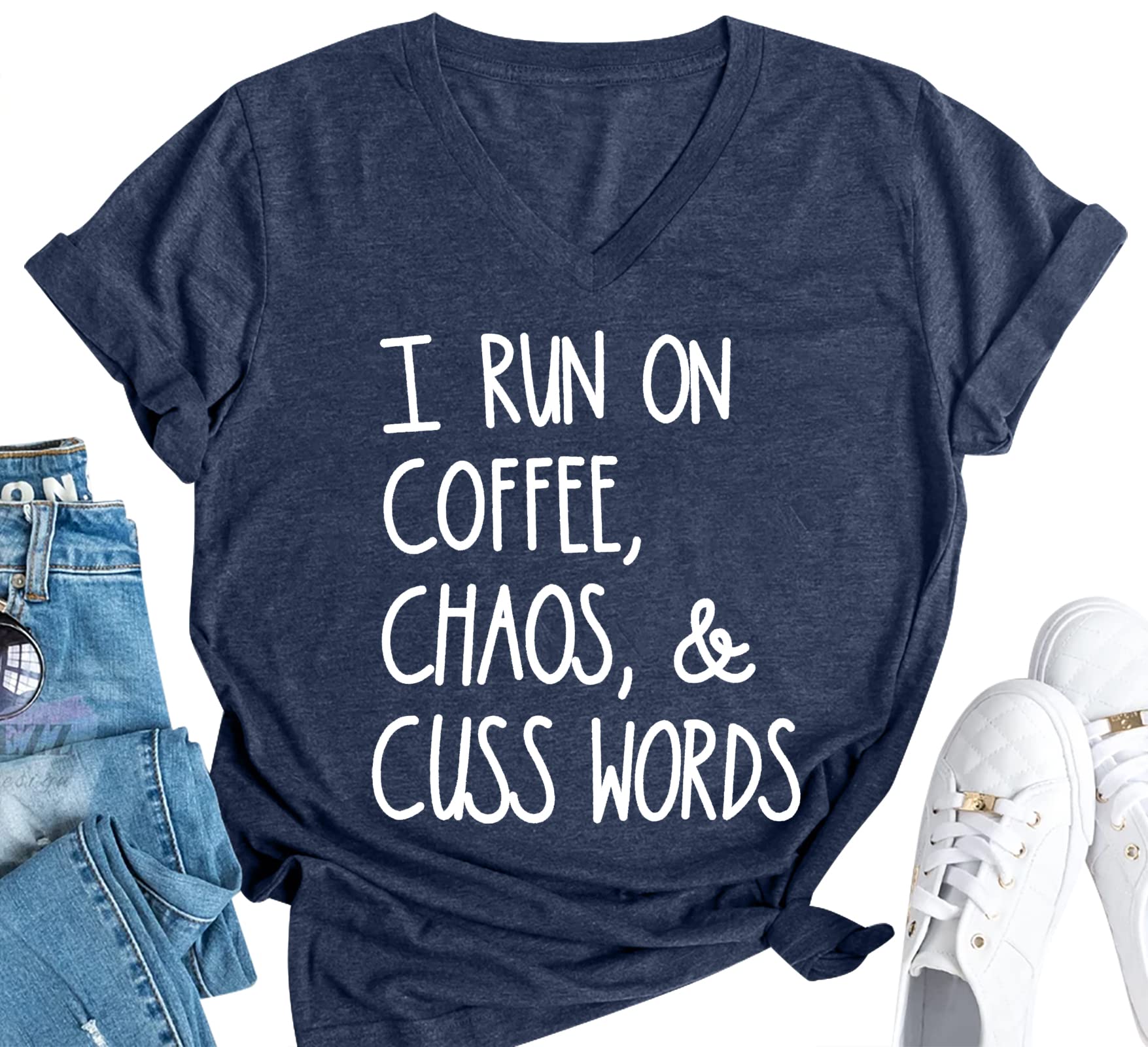 Womens I Run On Coffee Chaos Cuss Words Funny V-Neck Short Sleeve Summer T-Shirt Size XL (Blue)