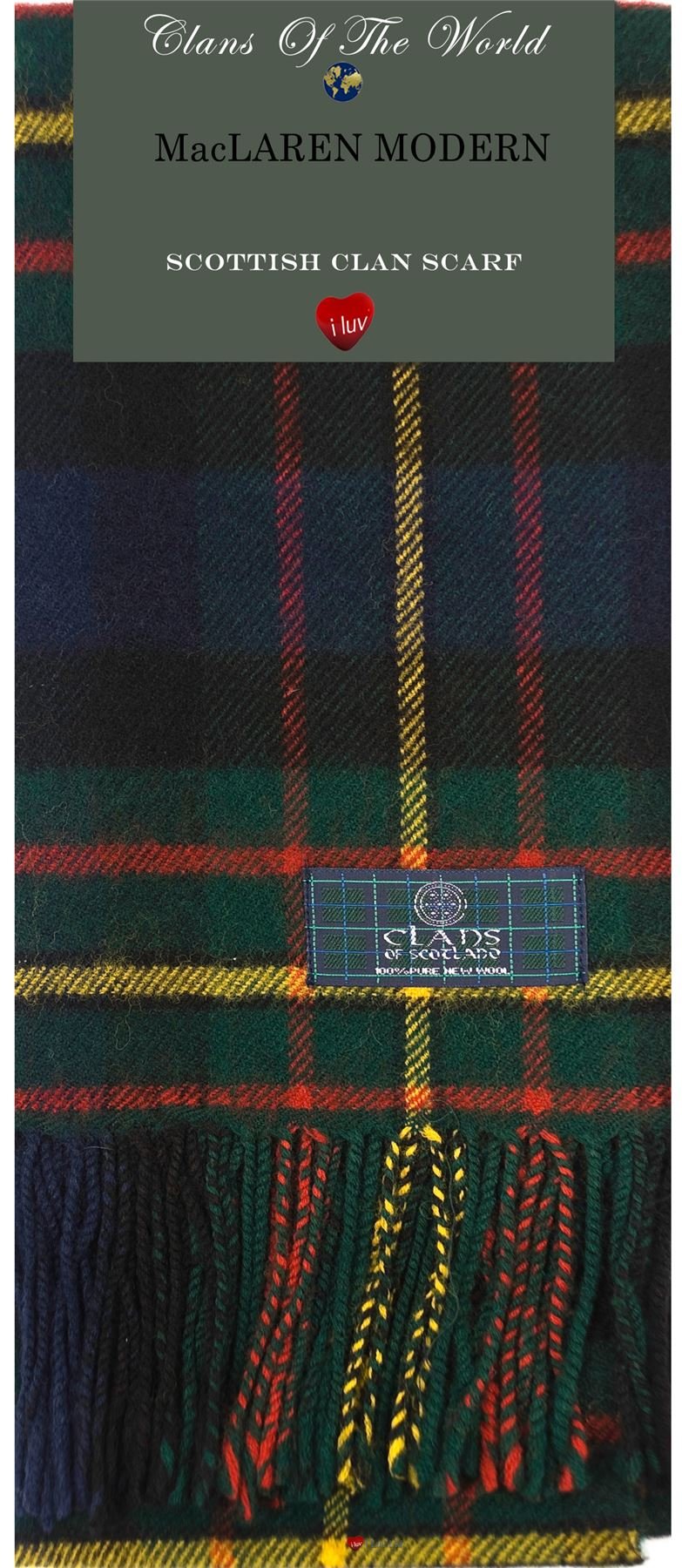 I LUV LTD MacLaren Modern Tartan Clan Scarf 100% Soft Lambswool
