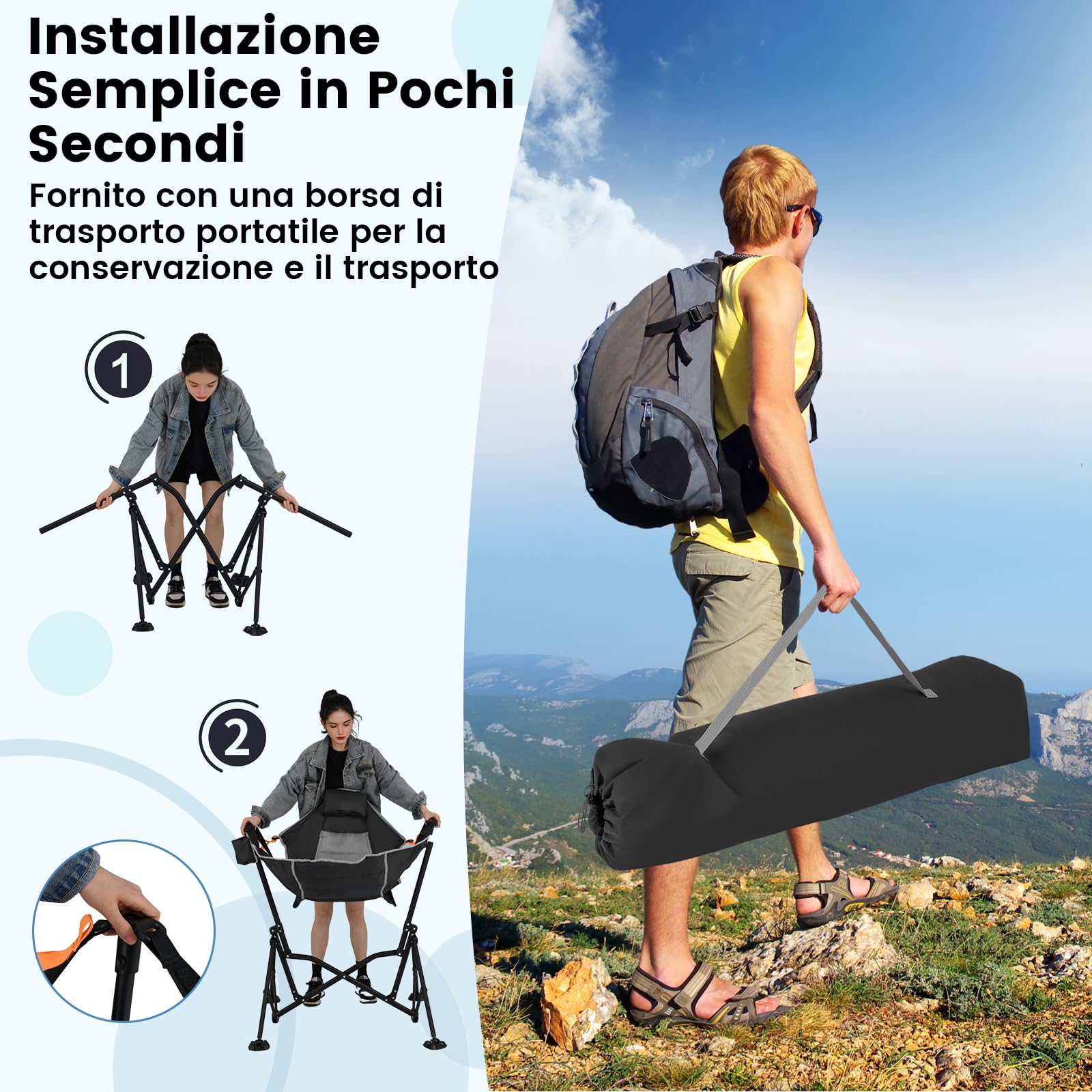 COSTWAY Sedia da Campeggio Amaca, Sedia a Dondolo Pieghevole con Portabicchieri, Schienale Regolabile, Poggiatesta, Sedile a Dondolo per Giardino, Patio, Prato, Portata 150 kg (Nero)