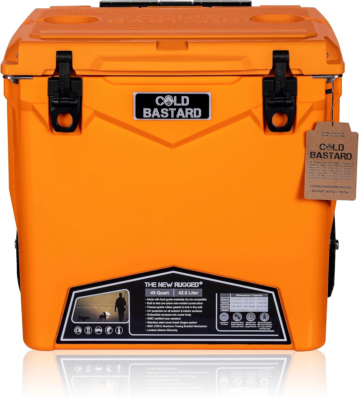 45QTW Cold Bastard Rugged+ Orange Tangerine Large Wheels Best Premium Ice Chest Cooler Accessories Free S&H