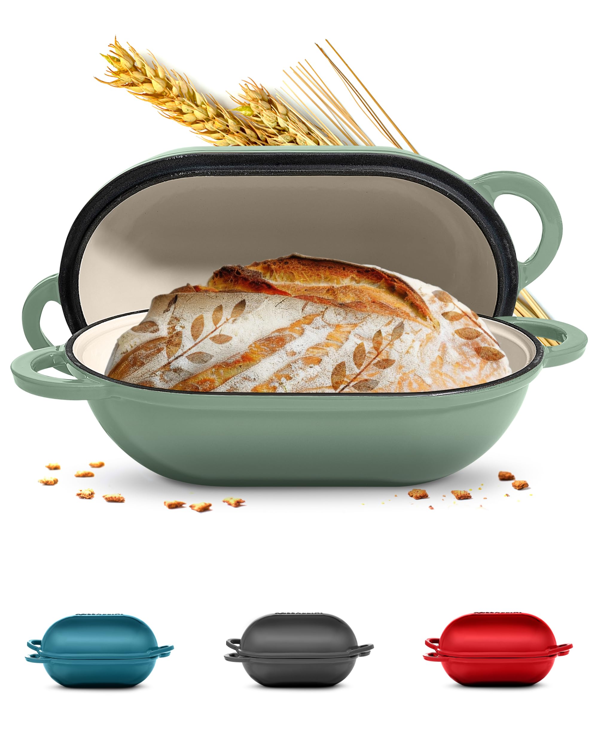 ROSSALLINI Signature Enameled Cast Iron Sourdough Bread Oven | Non-Stick with Tight Fitting Lid for Perfect Baking and Bread Making | 2QT Oval Oven With Lid [Sage Green]