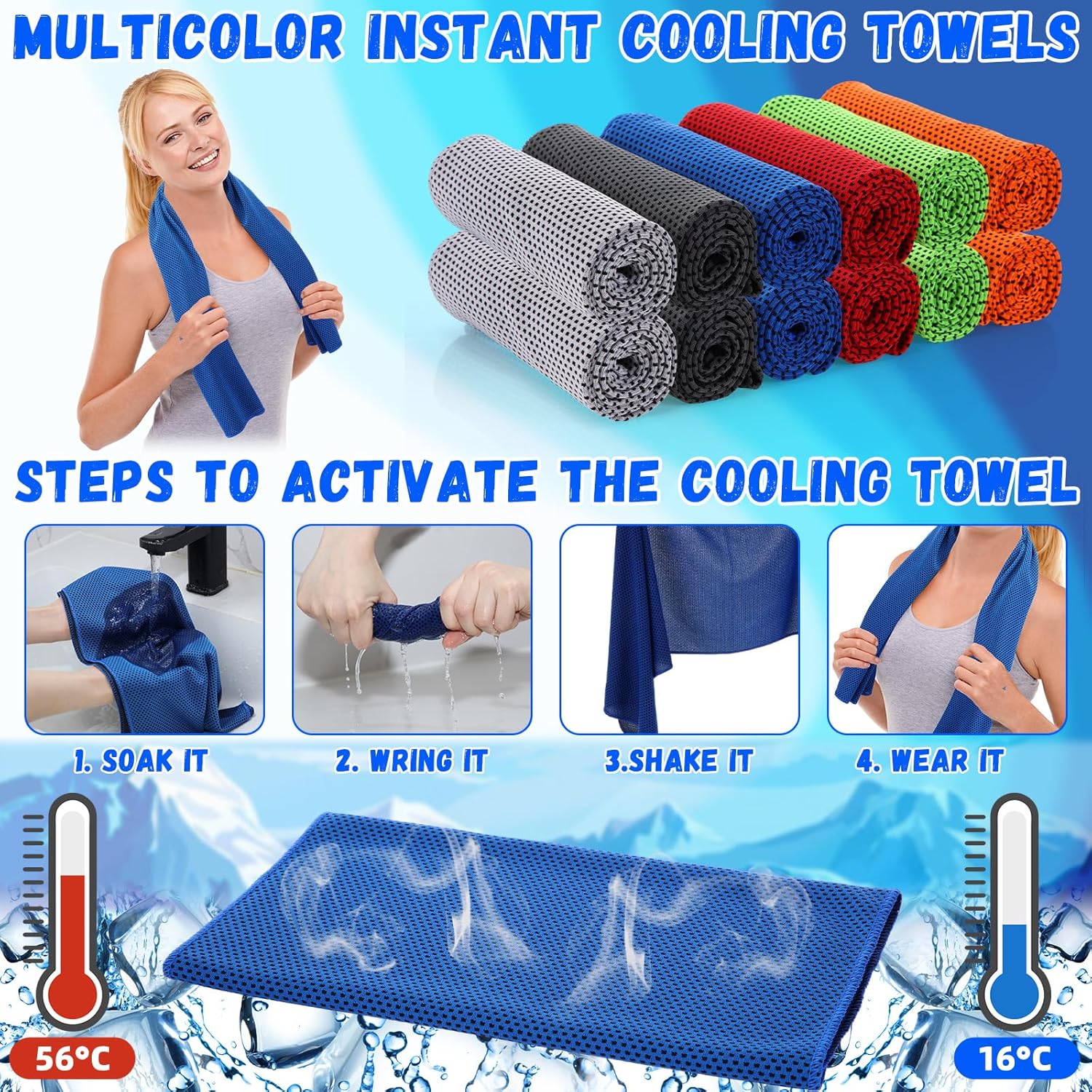 Teenyyou 48 Collapsible Water Bottles Bulk 16 oz with Carabiner Clip Cooling Towels 40'' x 12'' Reusable Leak Proof Water Bottles Mixed Color Ice Towel for Sports Biking Hiking Outdoor (6 Colors)