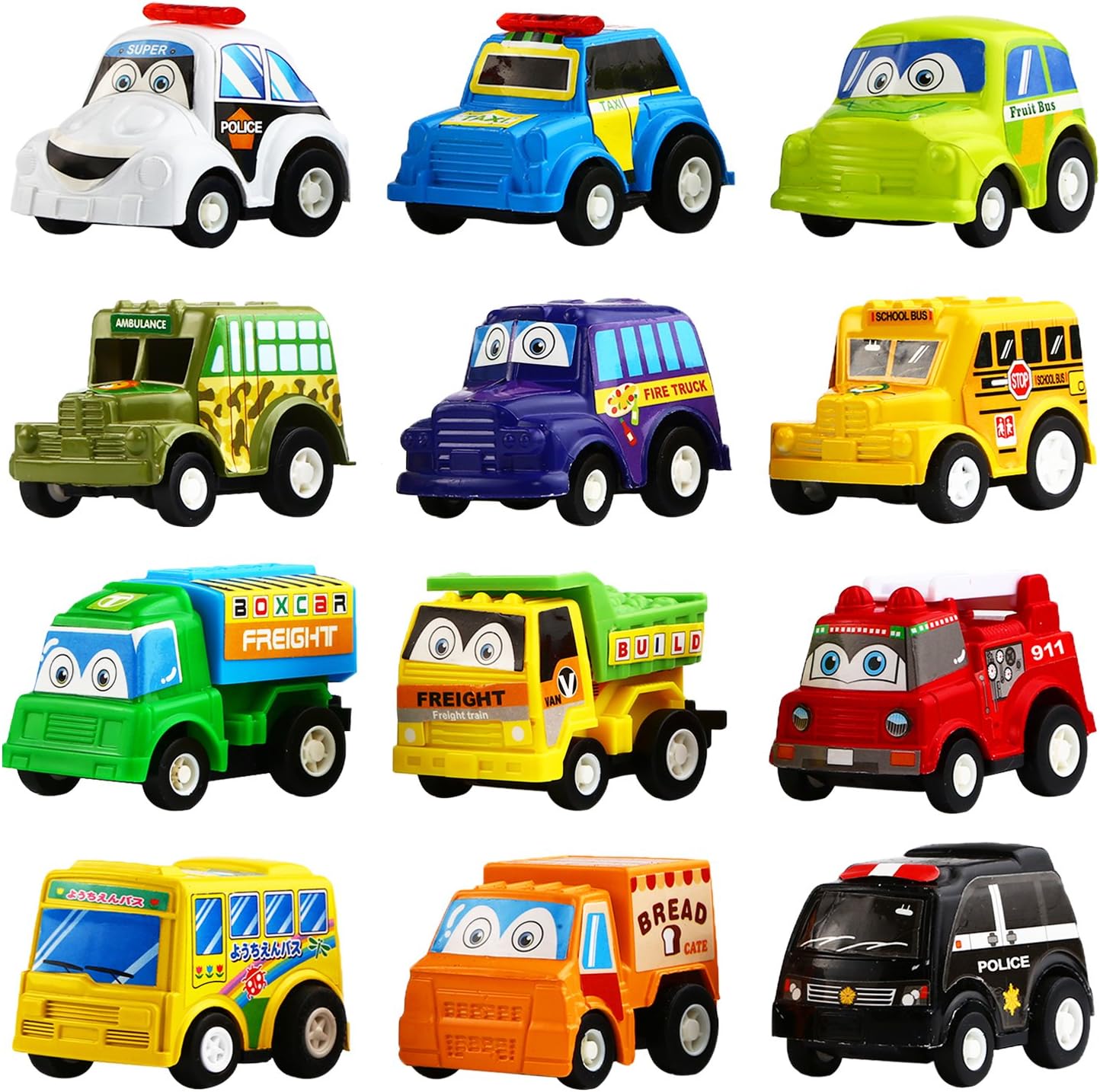 YeoNational Toys Pull Back Car, 12 Pack Assorted Mini Plastic Vehicle Set, Pull Back Truck and Car Toys for Boys Kids Toddler Party Favors,Die Cast Car Toy Play Set