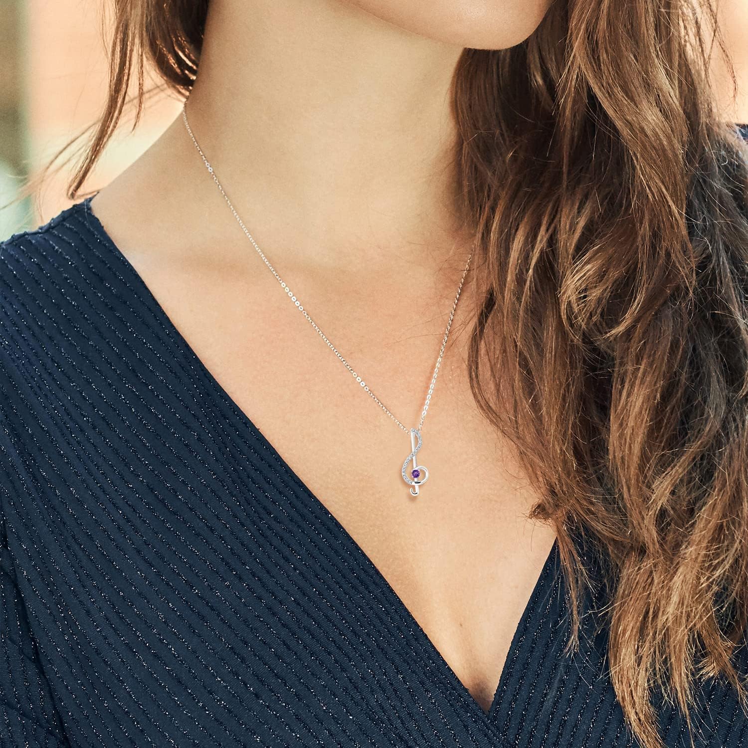 Gem Stone King Treble Clef Music Note Pendant Necklace Set in 925 Sterling Silver For Women By Keren Hanan | Round 3MM Gemstone Birthstone and White Moissanite | with 18 Inch Silver Chain - Image 4