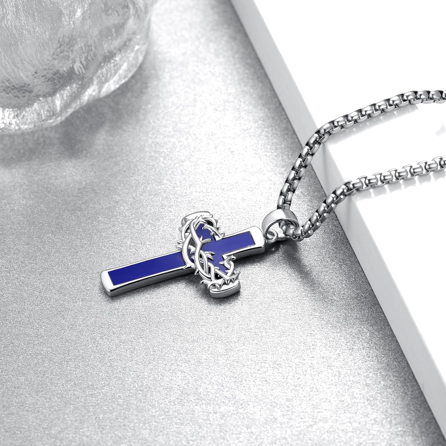 Cross Necklace with Crown 925 Sterling Silver Crown of Thorns Lapis Lazuli Necklace Jesus Religious Christian Jewelry for Women Men - Image 3