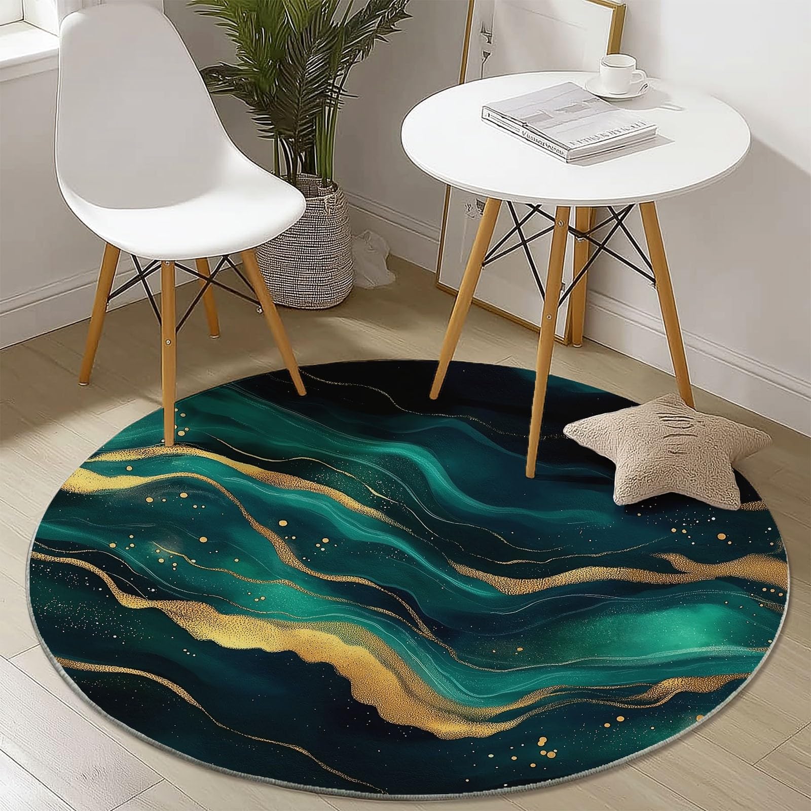 Tapis salon rond vert paon or 60 cm style abstrait pour salle à manger