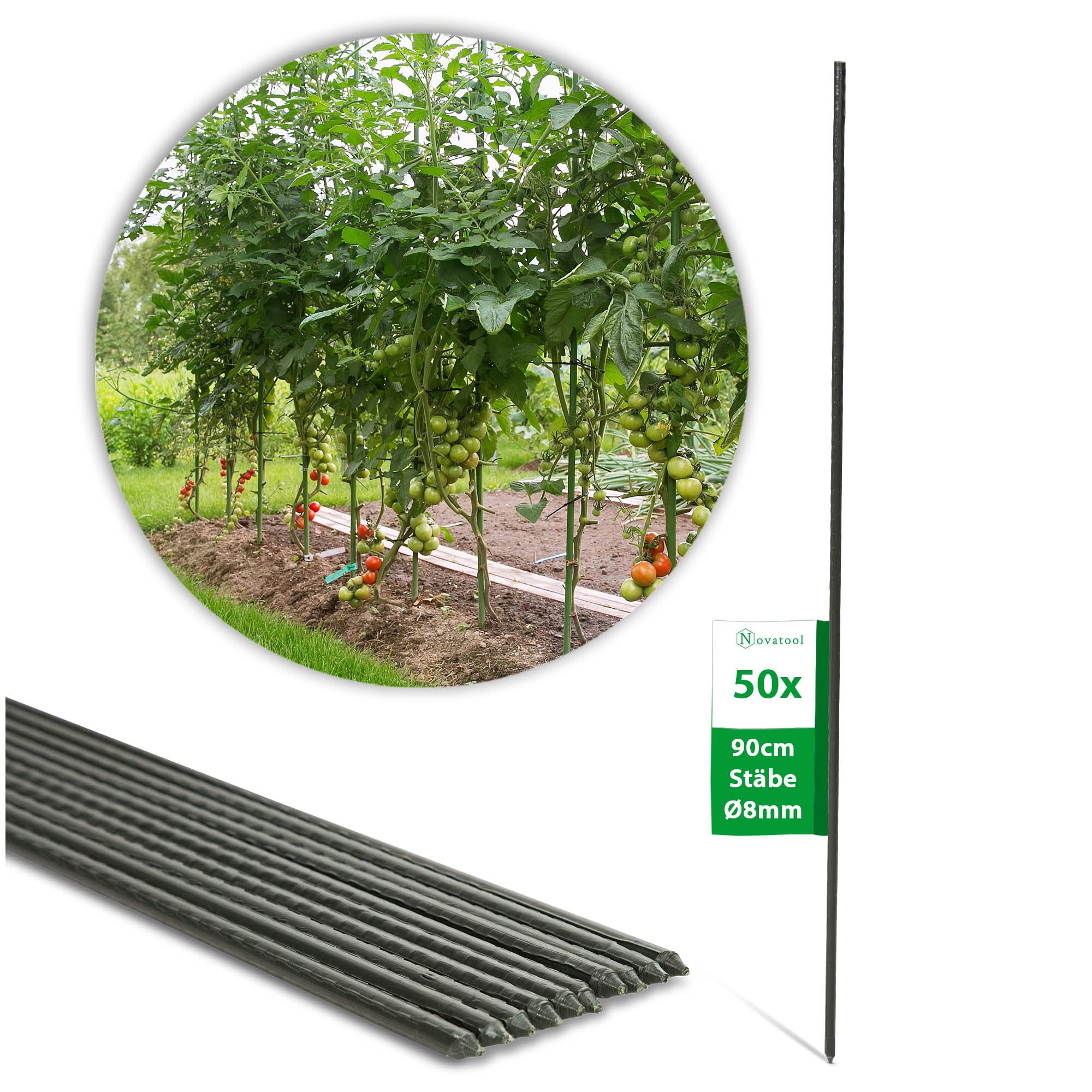 Novatool 50 Pflanzstäbe 90 cm grün 8mm Durchmesser Rankstäbe Rankhilfe Tomatenstäbe Blumenhalter