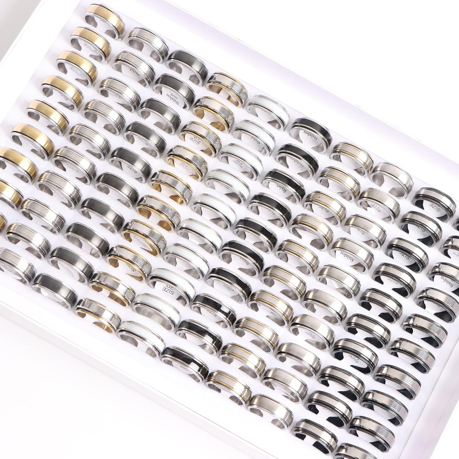 50Pcs Fashion Stainless Steel Fidget Anxiety Spinner Rotatable Rings for Men Women Stress Relieve Jewelry Gifts Rings Size 7-12 Wholesale Bulk