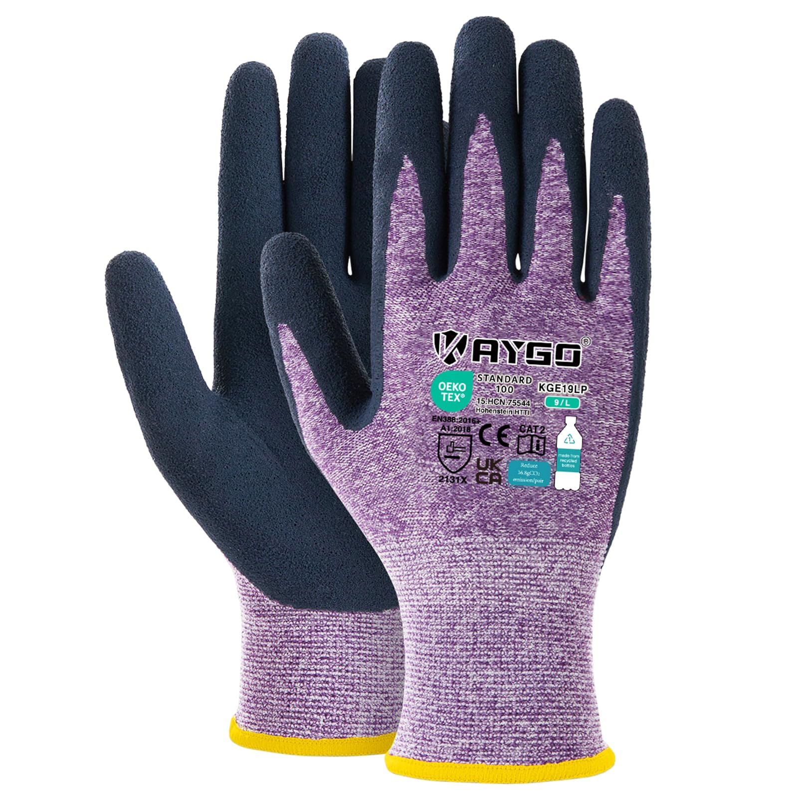 KAYGO 12 Paar Arbeitshandschuhe für Damen Atmungsaktiv Latex Beschichtete Frauen Gartenhandschuhe aus recyceltem Polyester, umweltfreundliche Schutzhandschuhe für Haus- Gartenarbeit (Lila, L, Gr 9)