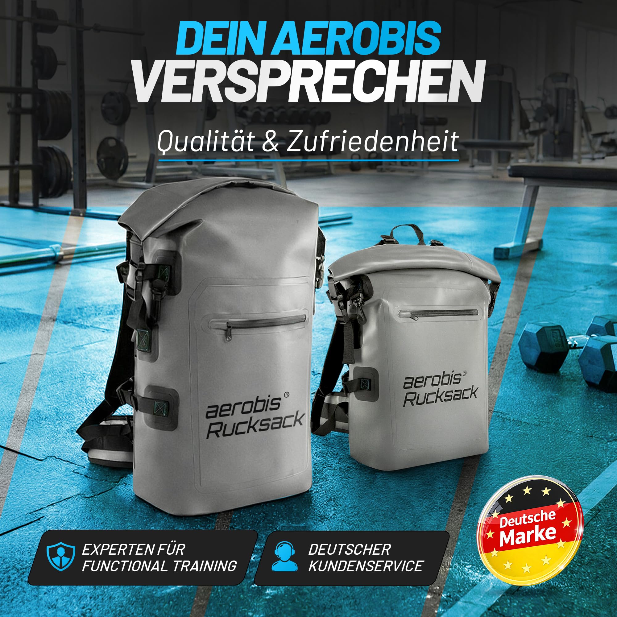 aerobis® Rucksack wasserdicht - 100% mit Rolltop Verschluss | Ideal für Wandern, Büro & Fitness - vielseitiger Sportrucksack - Inkl. verstärkter Rückenteil - für Herren & Damen