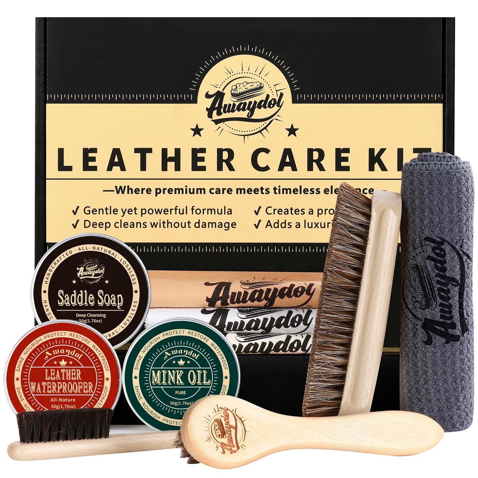 10 PCS Leather Care Kit - Horsehair Brushes Saddle Soap Waterproofing Wax Mink Oil Conditioner Polishing Cloth Microfiber