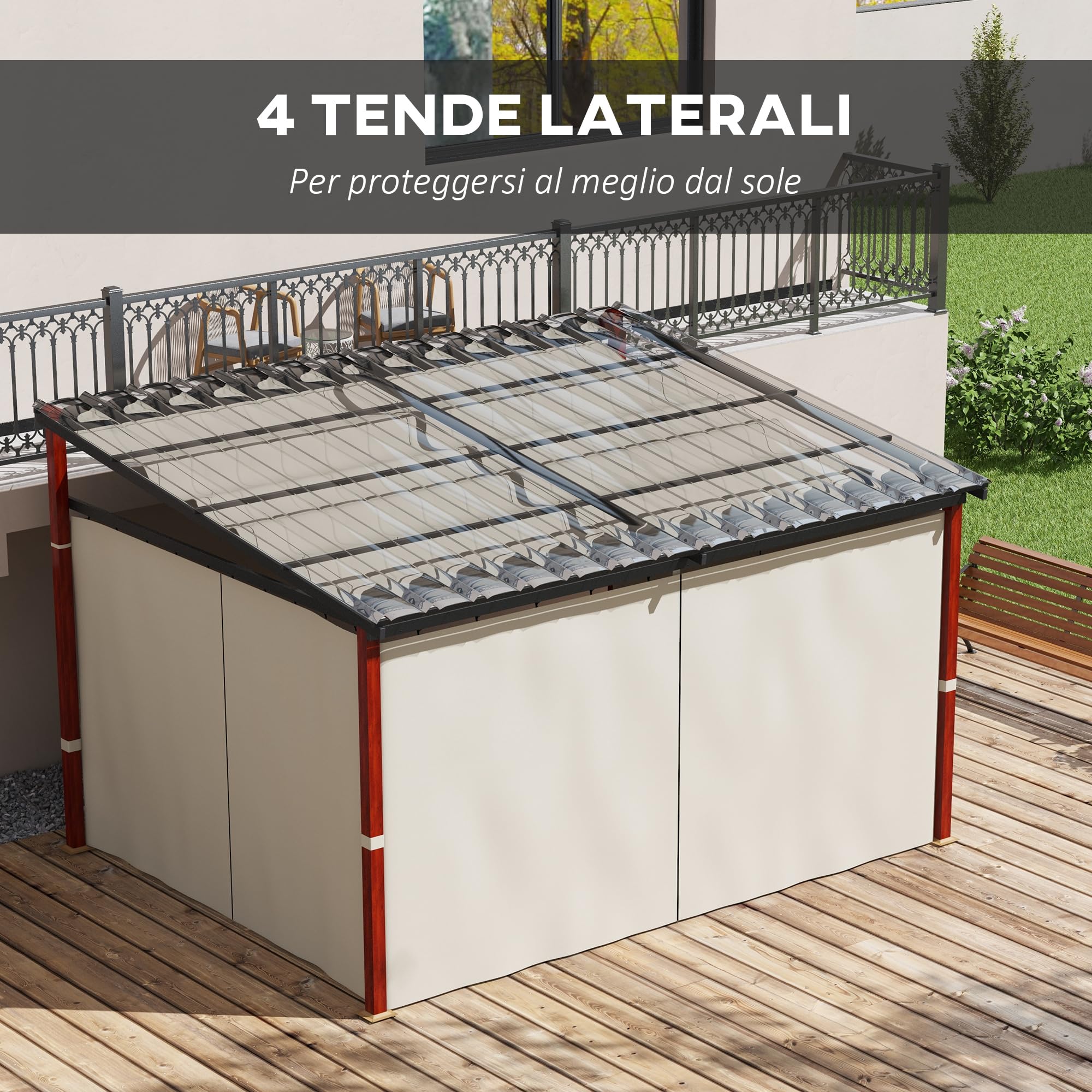 Pergola con Tende Laterali e Tetto Retrattile in PC in Alluminio e Metallo 345x300x215-255 cm Colore Crema