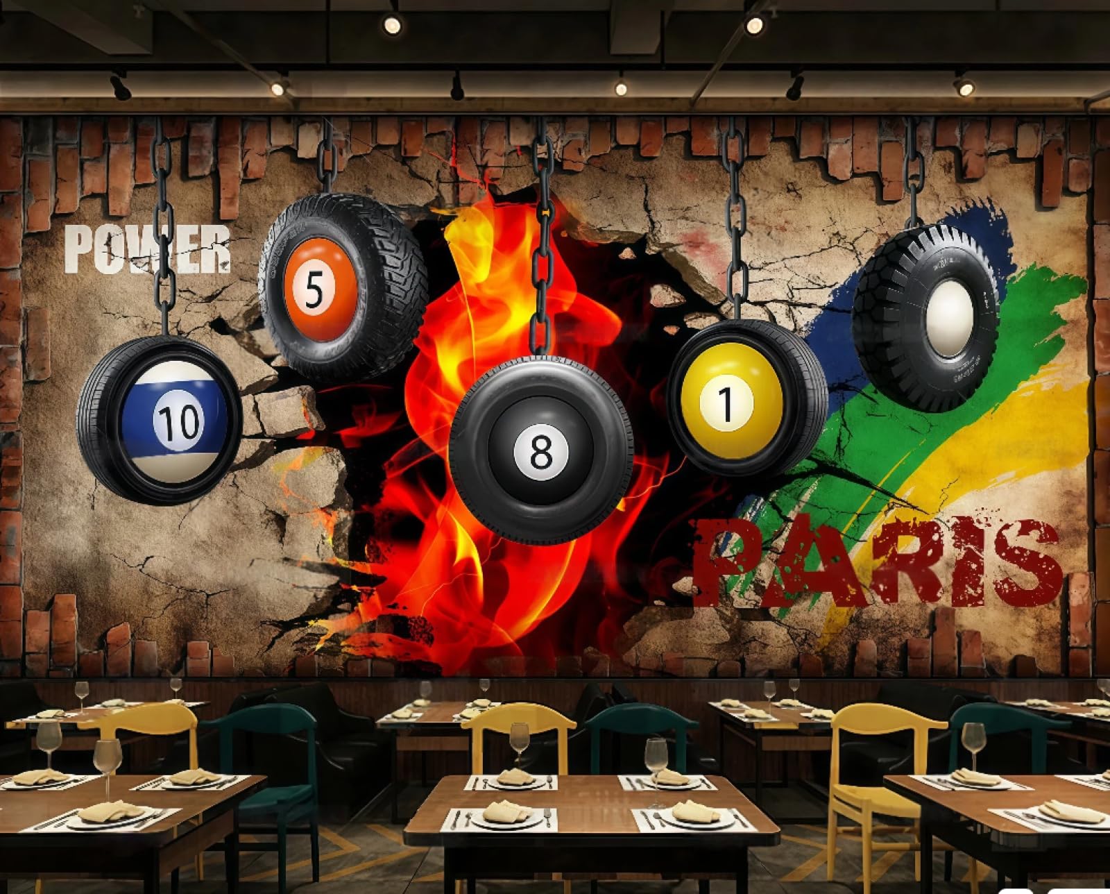 Xdoubao 3D Wallpaper Retro Brick Wall Three-Dimensional Tire Billiard Hall Billiards Poster Bar Coffee Shop Background Mural Western Restaurant Wallpaper,,250X175cm