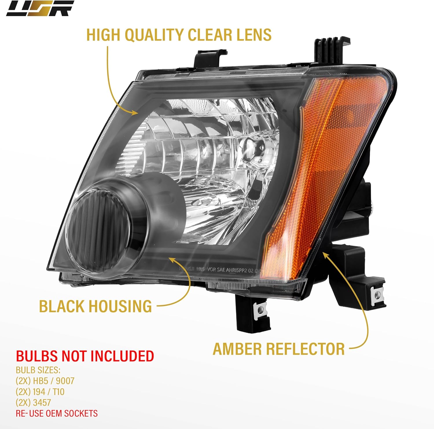 USR UNIQUE STYLE RACING 05-15 N50 SUV Headlight – Front Lamps (Left + Right) Pair - Compatible with 2005-2015 Nissan Xterra Sport Utility Vehicle All Models X SE S (BLACK HOUSING w/AMBER REFLECTOR)
