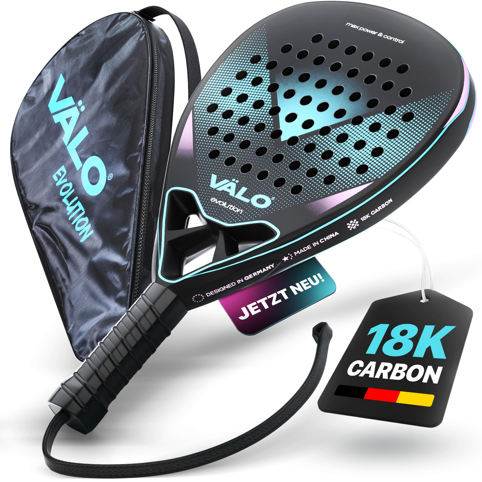 Racchetta da padel [costruzione leggera 18 k carbonio] Padel Racket per avanzati e principianti, grazie al manico confortevole e alla forma a goccia per controllo e dinamismo, racchetta da padel