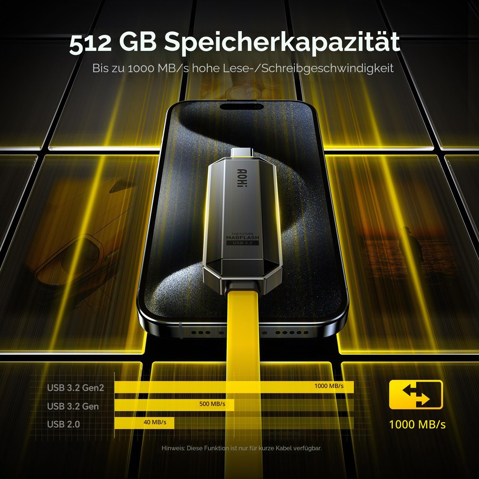 AOHI 240W PD3.1 Kabel, 3.3m USB C Schnellladekabel Ladekabel Kompatibel mit MacBook, SSD, Dock, Goldgelb