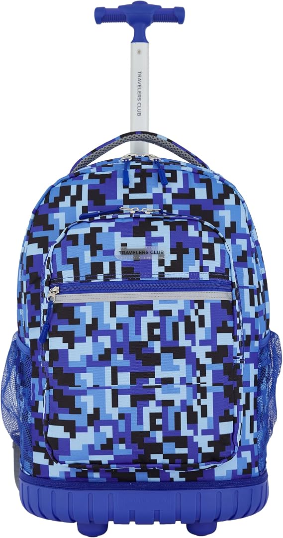 Travelers Club 4 Piece Rolling Backpack Set With Accessories,Blue Pixel