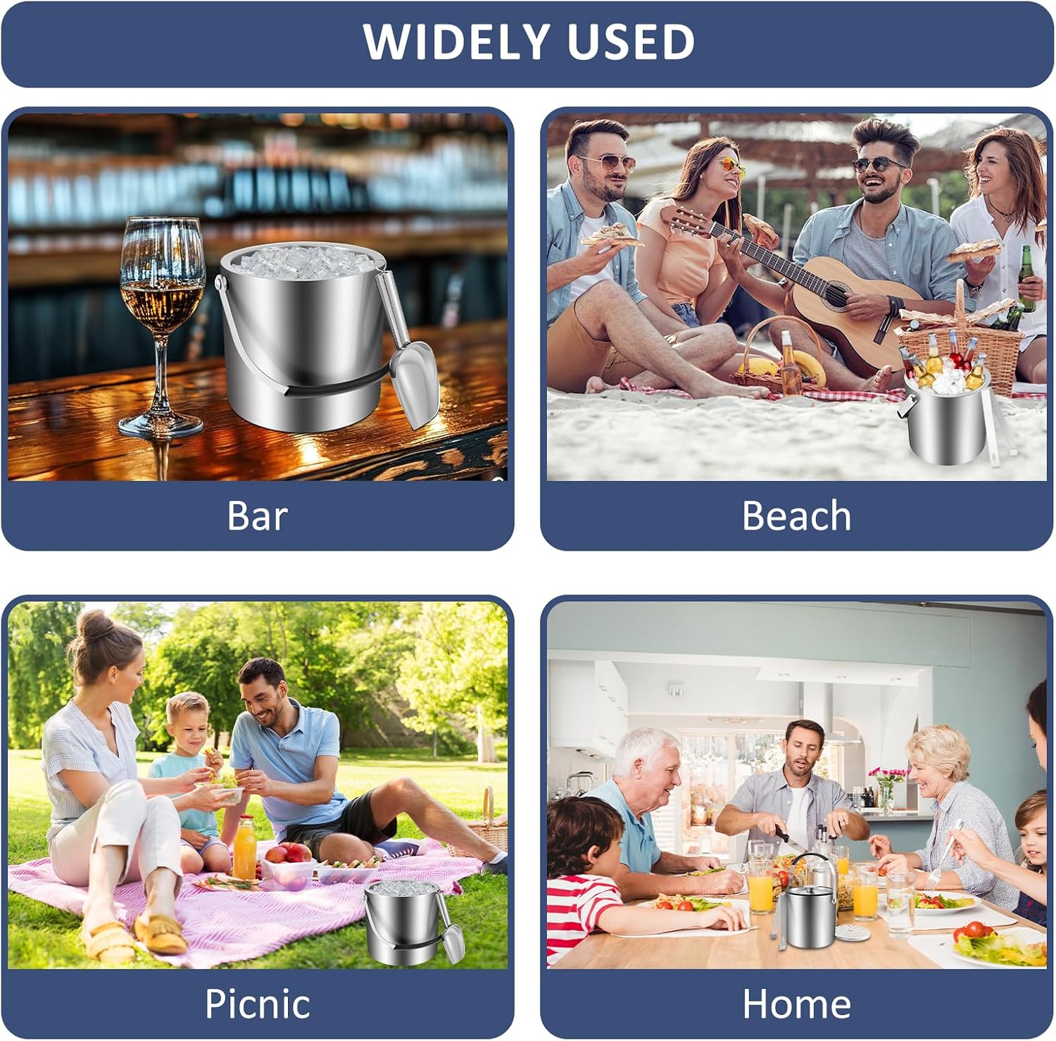 3L Ice Bucket with Lid - Double-Wall, Stainless Steel, Ergonomic Handling, Insulated Ice Bucket with Strainer, Scoop and Tongs for Home, Restaurant, Outdoor & Indoor Parties - Bar Accessories
