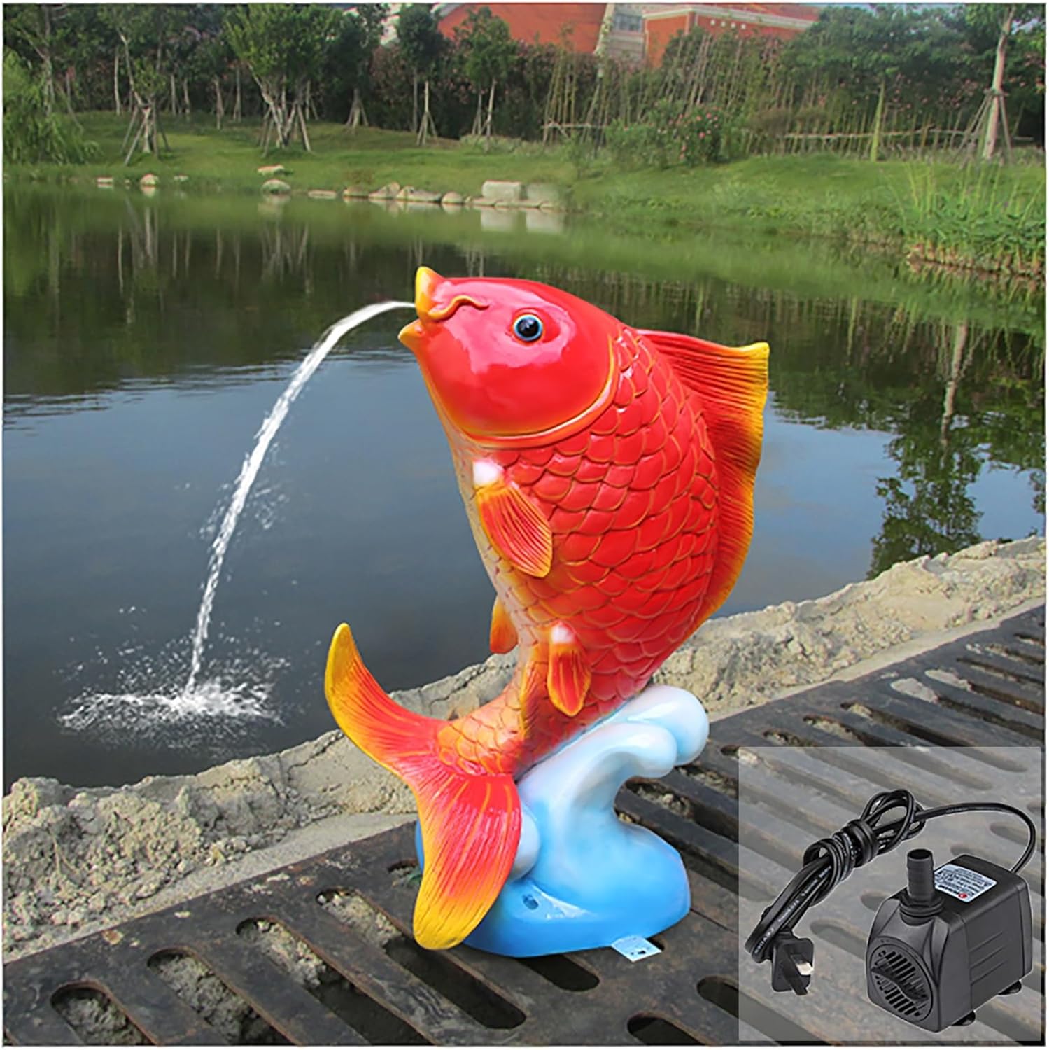 Garden Decor Koi pond spitter, above ground pool spitters, Koi Fish fountain spitter with Water pump, pool fountain spitter, garden Painted Koi sculpture, for Water Gardens and Koi Ponds(Red,27*16*40c