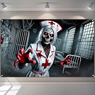Scary Nurse Halloween Backdrop 71x43 Inch Bloody Hospital Wall Banner Horror Skeleton Nurse Decoration for Haunted House Party Spooky Asylum Decor Indoor Outdoor
