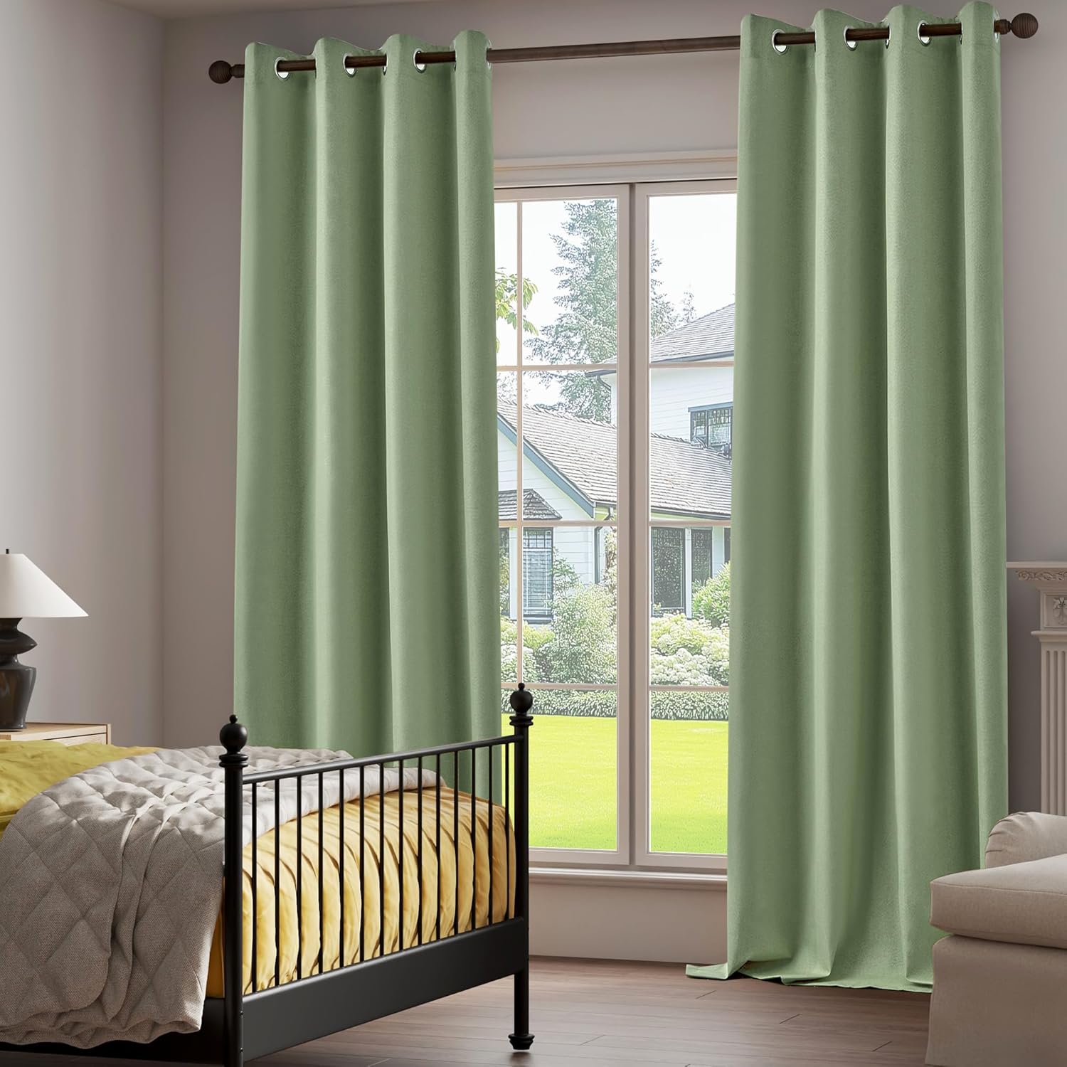 100% Blackout Linen Textured Curtains for Children's Room, Bedroom, Light Weight Curtains with Grommets Top, Full Blackout Curtains Privacy Protection, Green, 52" W x 63" L, 2 Panels