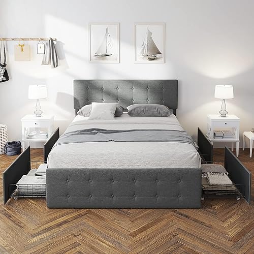 Miniatura 10 de GAOMON Base de cama de tamaño matrimonial con 4 cajones de almacenamiento y cabecero, base de colchón tapizada con plataforma completa, base de