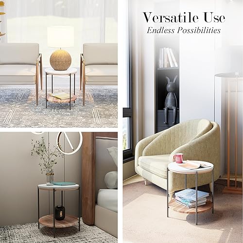 Miniatura 2 de Relso Lyra Mesa auxiliar superior de mármol, estante de madera de acacia, patas de metal negro, redondas de 22 pulgadas, blanco y negro, moderno de