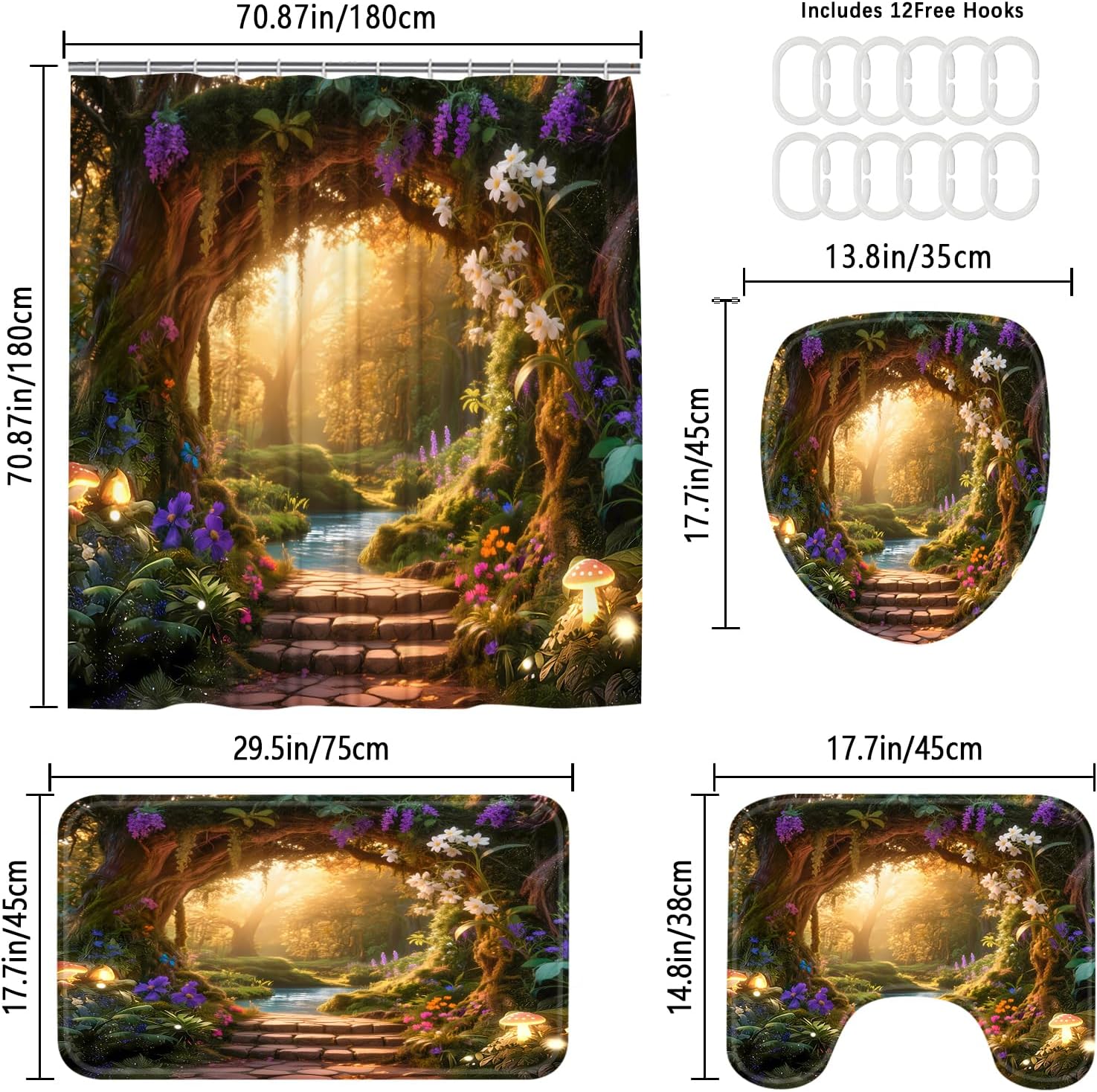 Nkzply 4Pcs Forest Shower Curtain Set Nature Garden Bathroom Sets with Rugs