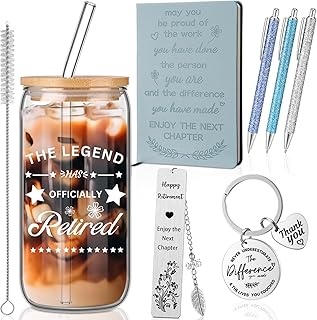 Kosiz 7 Pcs Retirement Gifts for Women Men 2025 Happy Retirement Gifts for Christmas Teacher Coworker Nurse Boss Women Retirees with Glass Cup Leather Notepad Ballpoint Pen Keychain Bookmark(Blue)