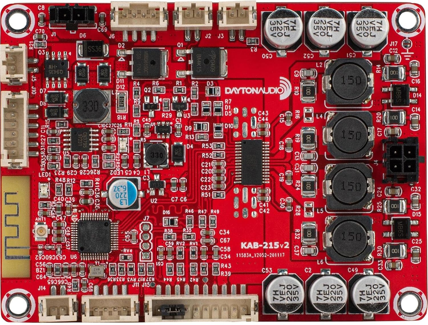 Detailed top view of Dayton Audio KAB-215v2 board with component labels