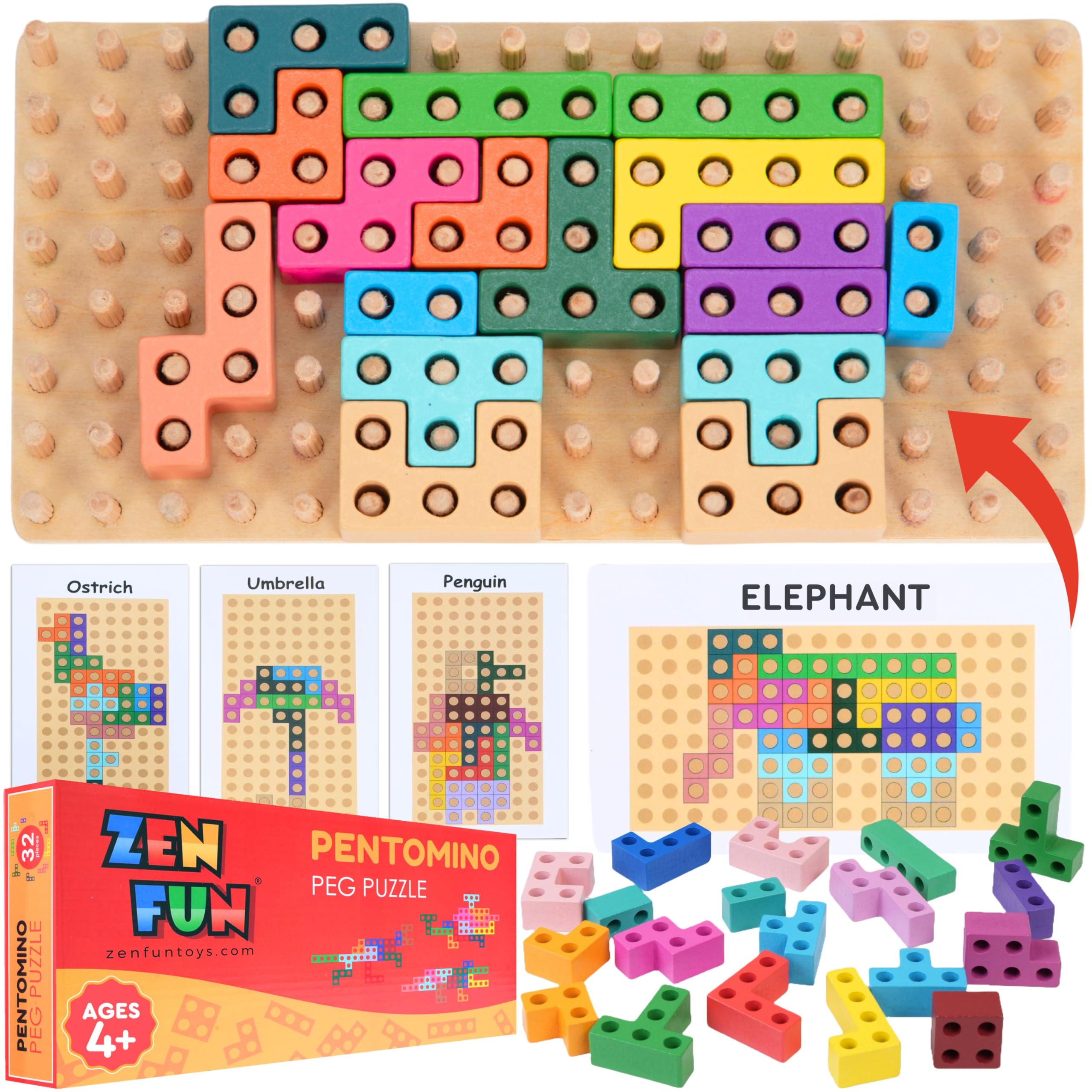 Zen Fun Montessori Animal Block Puzzle for Spatial Intelligence, Montessori Puzzle for Kids 4+, Wooden peg Puzzles Pentomino Peg Puzzle with 60