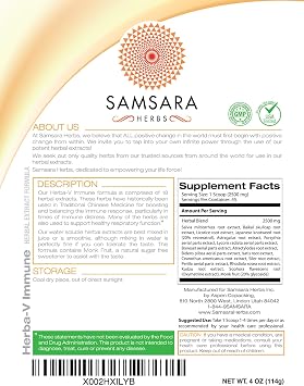 Samsara Herbs Herba-V Immune (4oz/114g) - Herbal Support Formula with 18 Powerful Herbal Extracts - Including Dan Shen, Skullcap, Licorice, Isatis, Resveratrol, Astragalus, Rhodiola and Kudzu