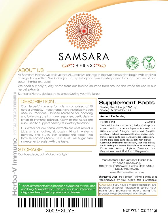 Samsara Herbs Herba-V Immune (4oz/114g) - Herbal Support Formula with 18 Powerful Herbal Extracts - Including Dan Shen, Skullcap, Licorice, Isatis, Resveratrol, Astragalus, Rhodiola and Kudzu