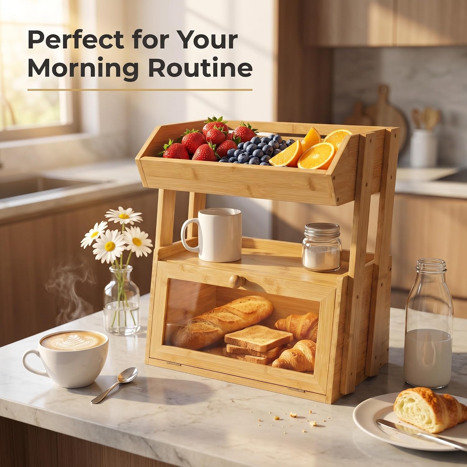 Bamboo Bread Box for Kitchen Countertop, 2 Tier Large Storage with Fruit Basket Top and Window, Farmhouse Organizer for Snacks & Vegetables