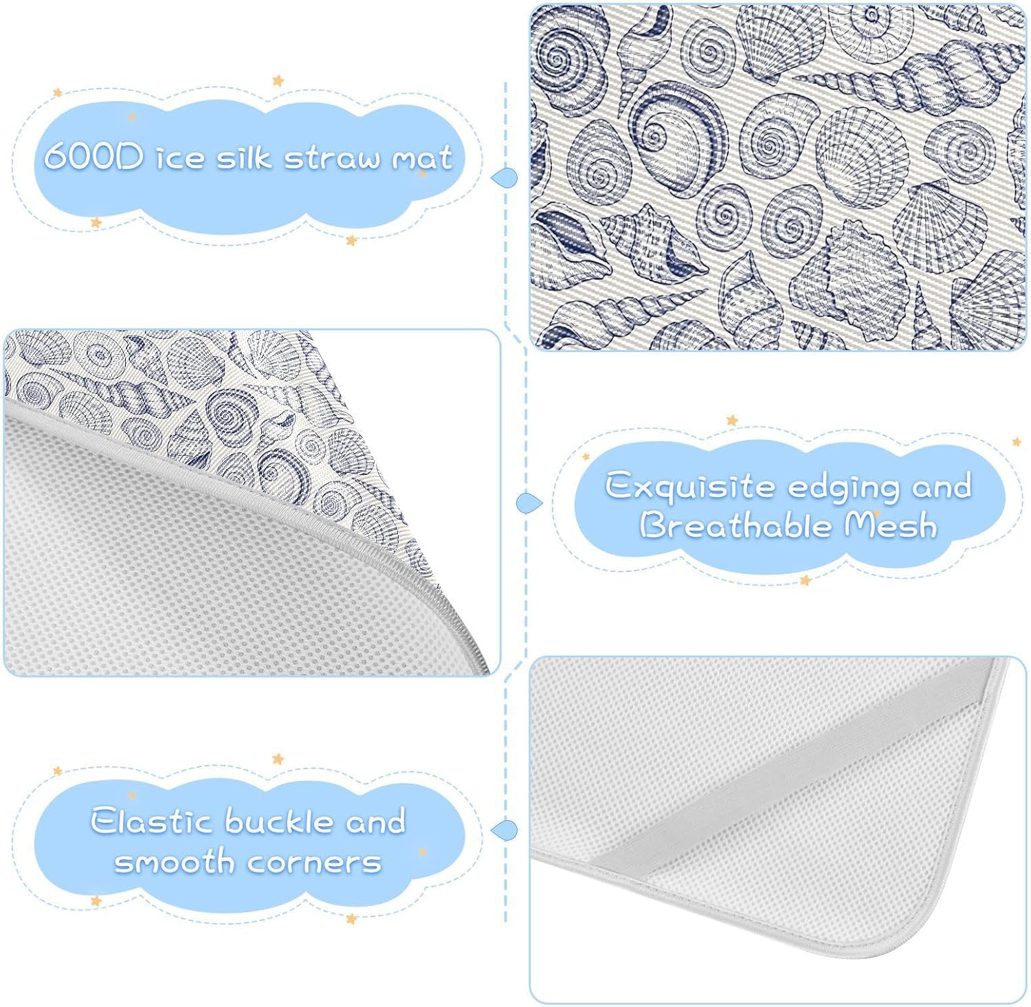 Baby Cooling Mat Vintage Seashells Ice Silk Breathable Mesh Summer Crib Mattress Pad with Pillowcase, Soft Cooling Sleeping Surface for Infant & Toddler, 52"x28"