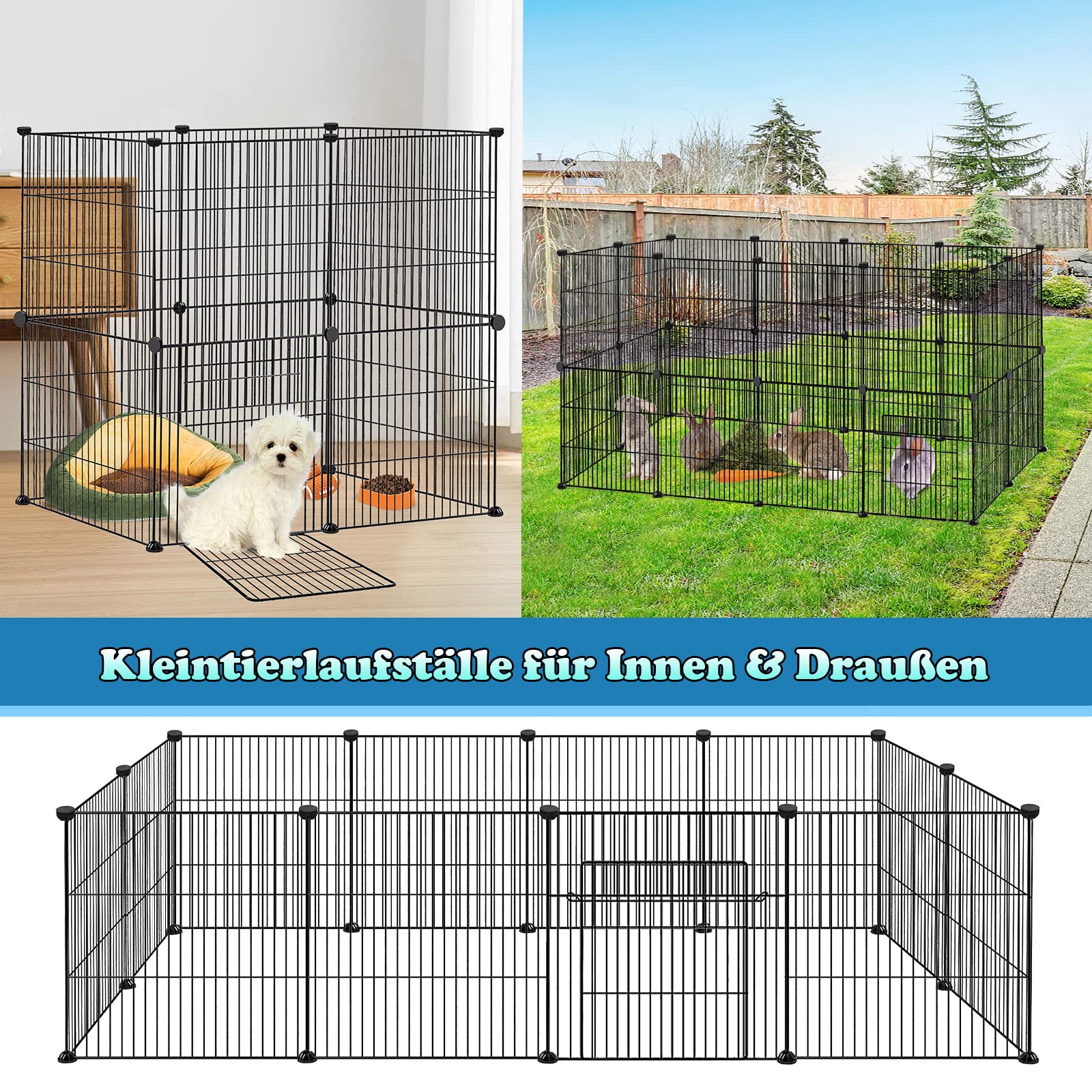 Froadp Enclos Extérieur pour Lapins et Petits Animaux de Compagnie 142x72x36cm en Métal 12 Pièces Enclos Grillagé avec Porte pour Cochons d'Inde Animaux de Compagnie Cage pour Chiots Hamsters (Noir)