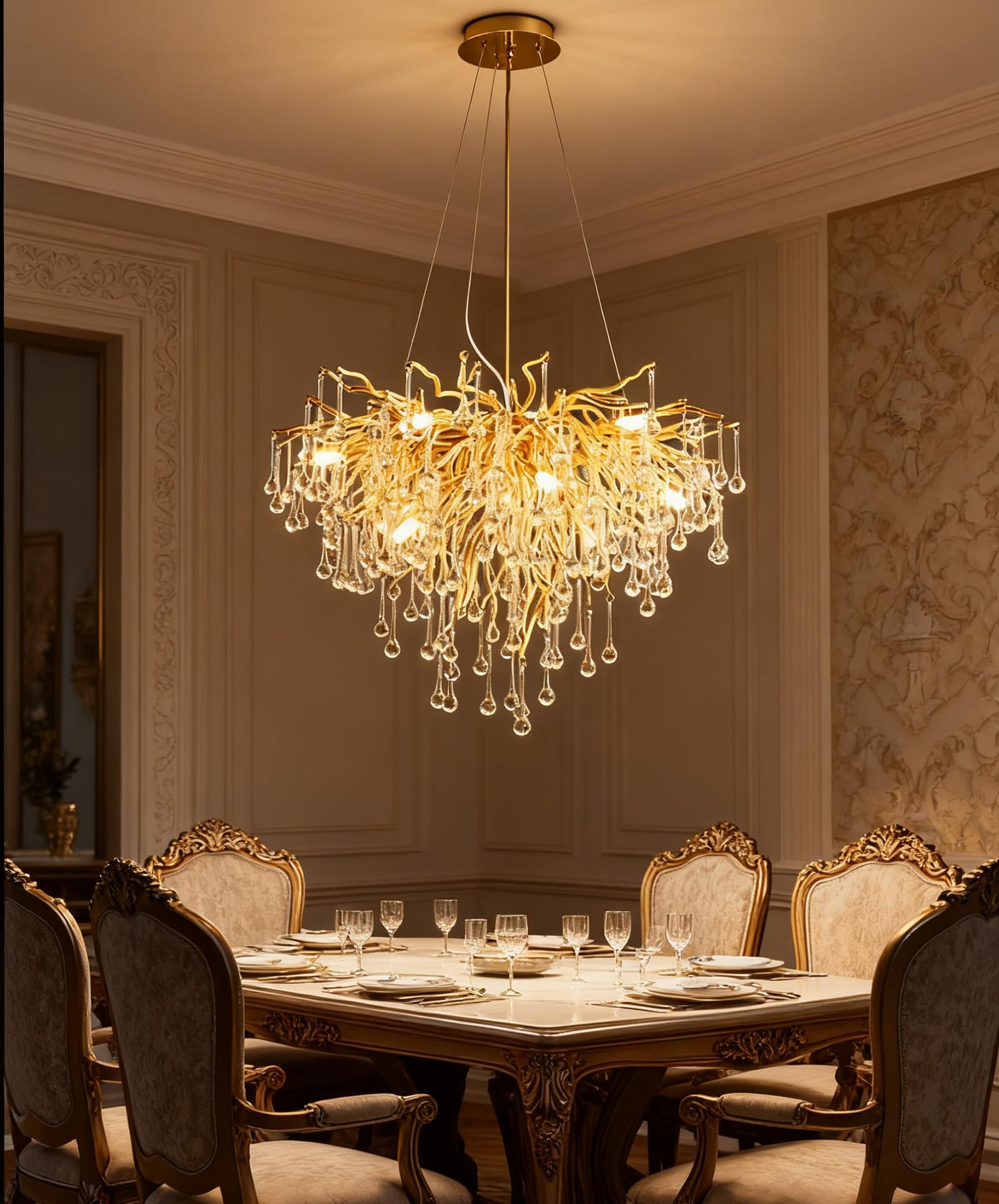 KXEcoLife Modern Crystal Chandeliers, Luxury Tree Branch Chandelier Hanging Light Fixtures, Raindrop Chandeliers for Dining Room,Living Room,Round 40cm