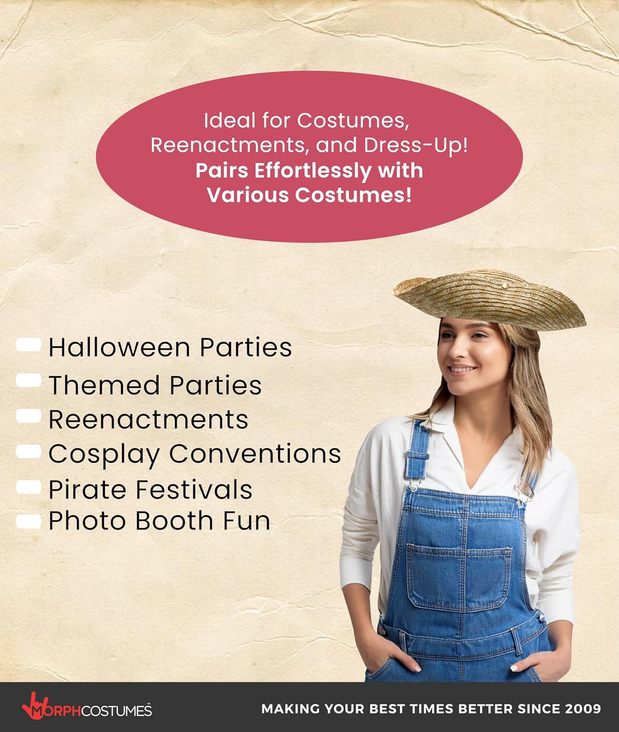Nicky Bigs Novelties Straw Farmer Hat, Adult Colonial Three Cornered Cocked Tricorn Hat For Adults, Straw Hat Costume, Farmer Hat Costume