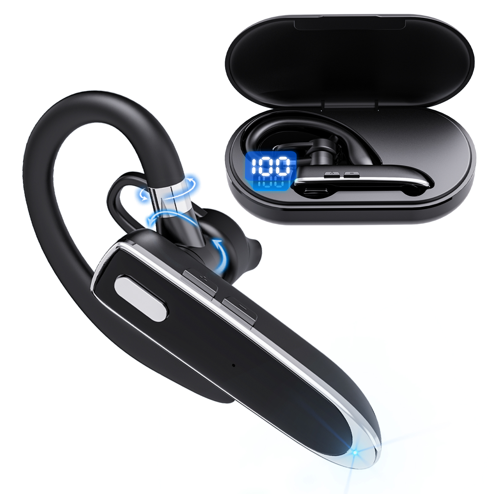 Oreillette Bluetooth à une oreille avec Bluetooth 6.1, casque Bluetooth pour 100 heures de veille, batterie 800 mAh, casque sans fil avec micro, casque Bluetooth pour conduite, travail, camionneur