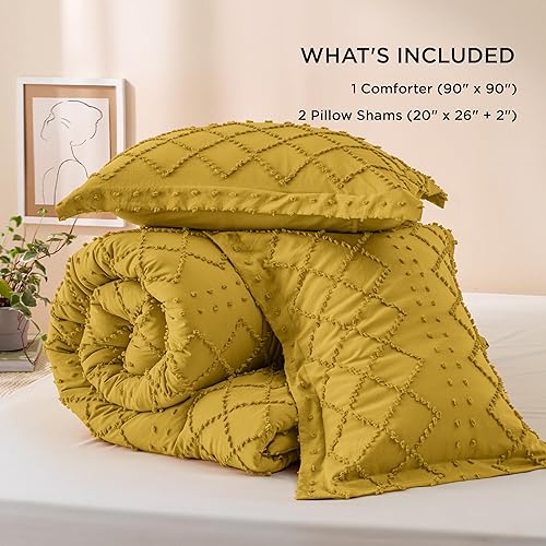 Miniatura 6 de Bedsure - Juego de edredón Queen, edredón mostaza amarillo, ropa de cama bohemio con nudos estilo shabby chic para niños, juego de 3 piezas de