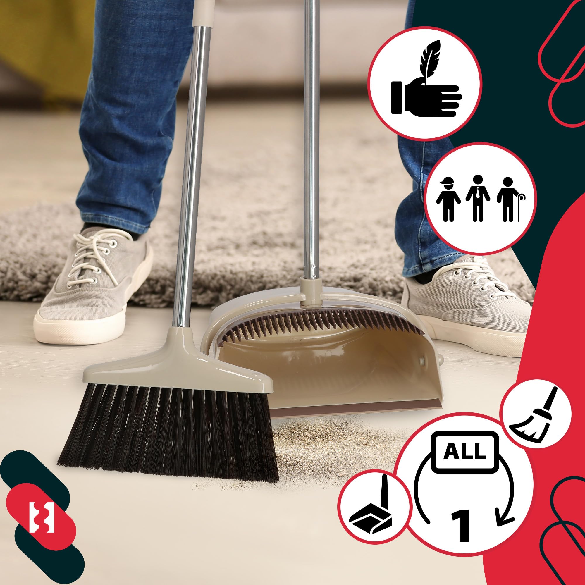 KOTARBAU® Set di scopa e paletta con manico lungo Alejandro, Scopa con manico e scopa senza piegarsi, Plastica e acciaio inossidabile, Ideale per pavimenti in linoleum, Colori: Crema, Nero, Argento