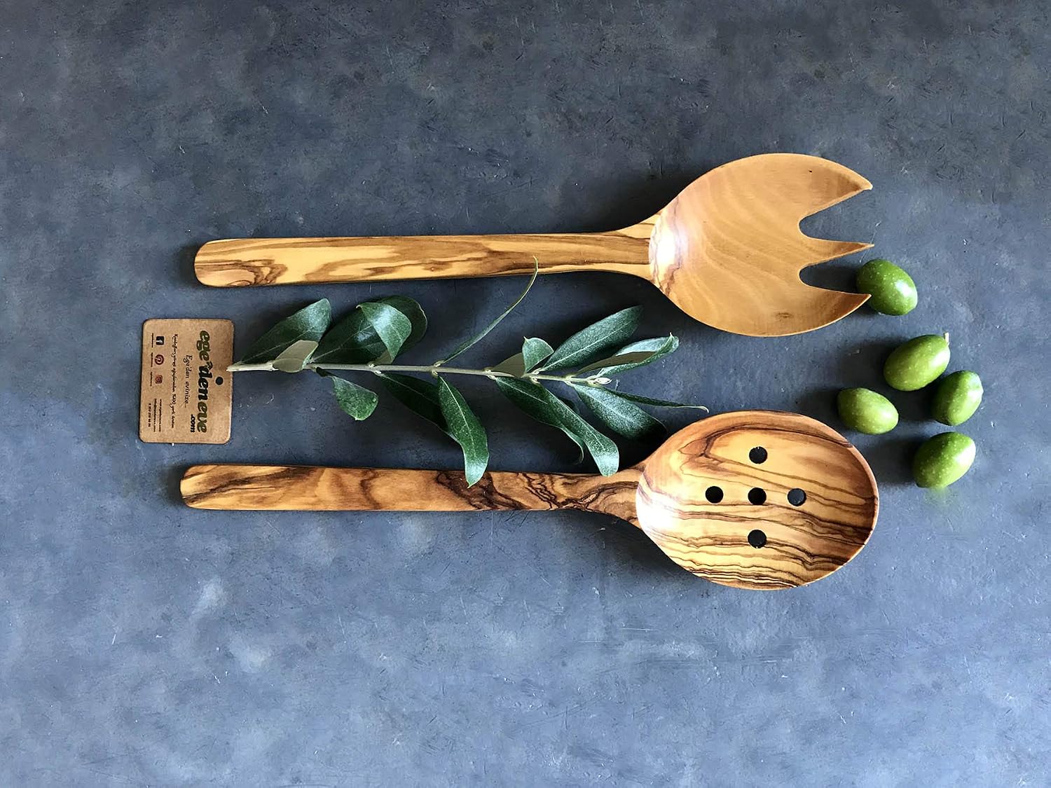 "Handcrafted Olive Wood Spoons Set of 2 - Rustic and Eco-Friendly Kitchen Utensils for Cooking and Serving" (Double)
