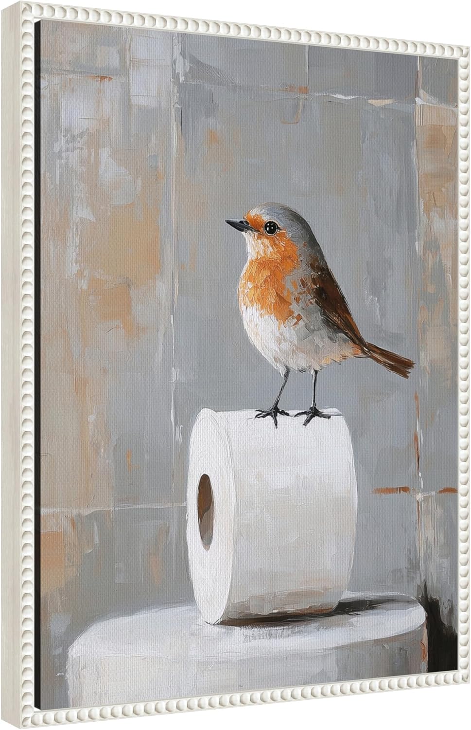 Kate and Laurel Bird Standing on Toilet Paper Roll Toilet Bathroom Art Framed Canvas Wall Art by The Creative Bunch Studio 18 x 24 Sylvie Beaded White, Modern, Animals, Bathroom Art for Wall Decor,