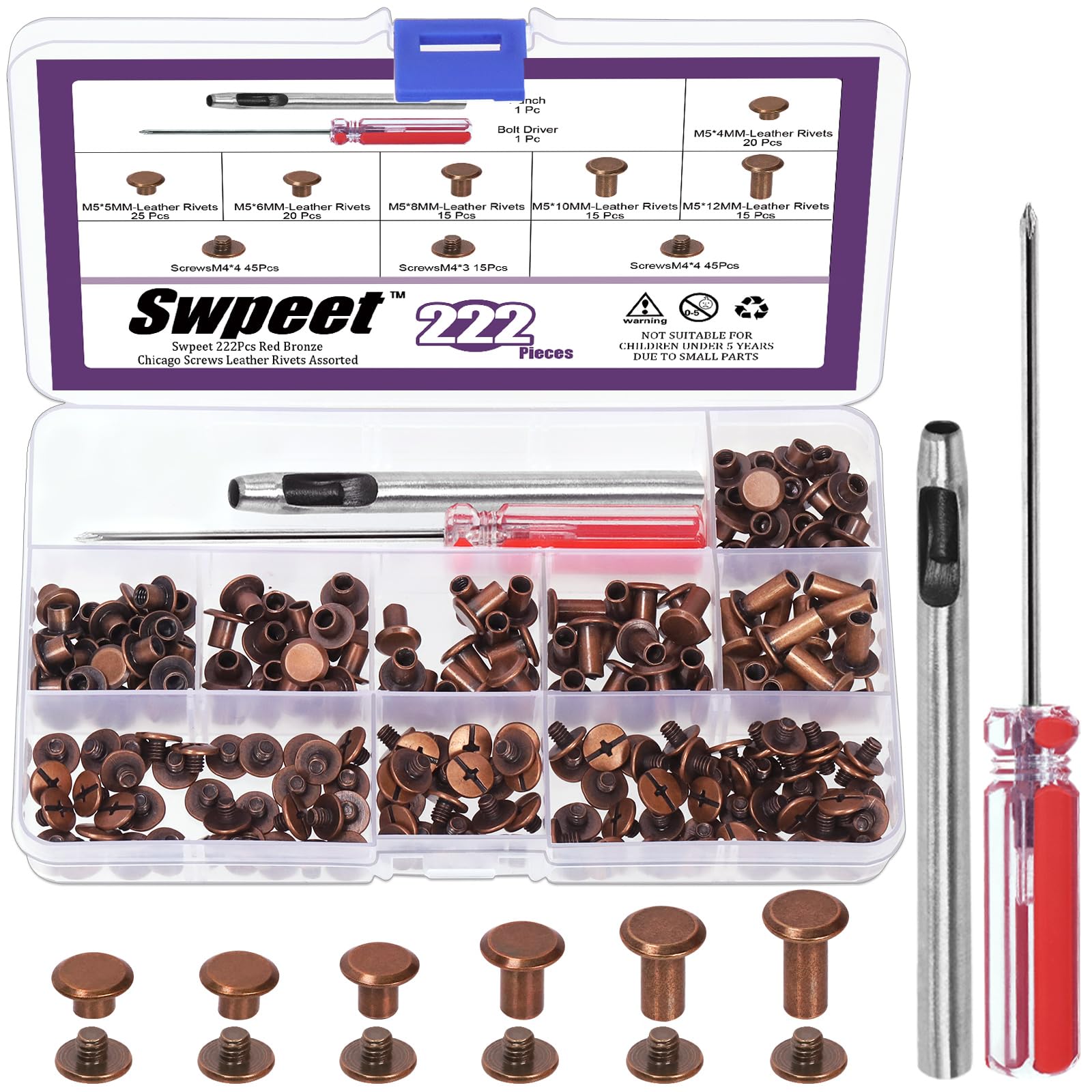 Swpeet 110 Set 6 Sizes M5 x 4mm/5mm/6mm/8mm/10mm/12mm Red Bronze Leather Rivets Chicago Binding Screws with Install Tools Assortment Kit, Screw Rivets M5 Chicago Binding Screws for Repair Leather