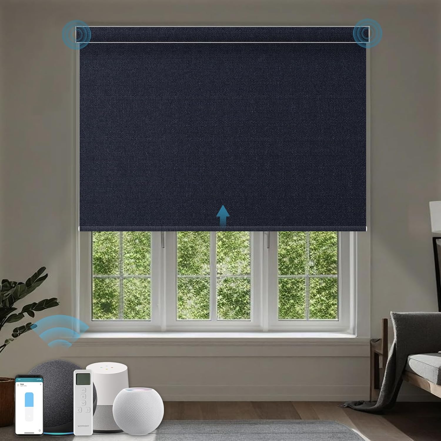 Motorized Roller Shade, 100% Blackout Smart Window Blinds Work with Homekit, Alexa, Google Home, Remote Control, Electric Blinds with USB/Solar Pannel,Dark Onyx Black