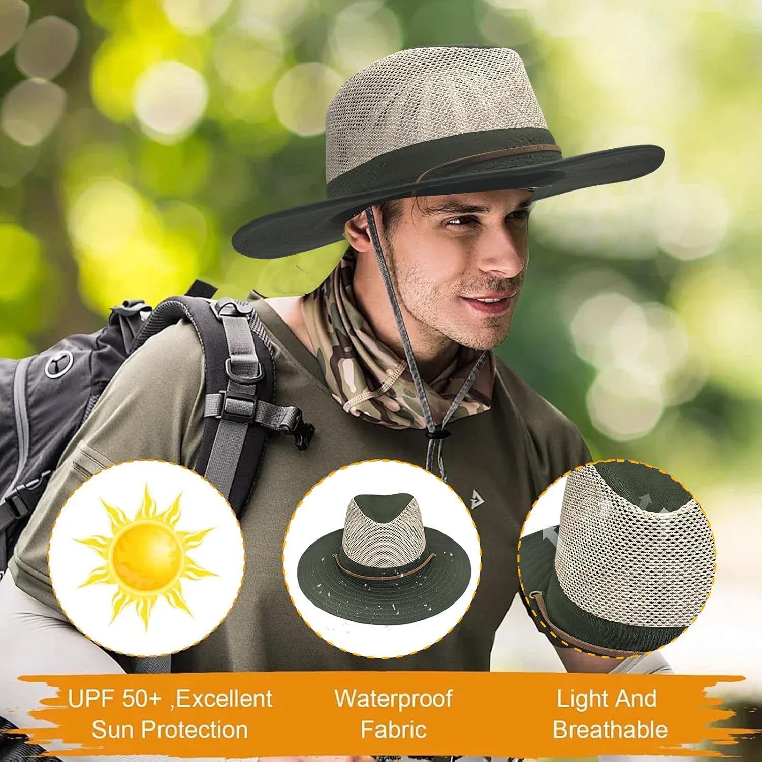 Men's Flat Wide Brim Mesh Safari Outdoor Hat Panama Hat Travel Fishing Hiking with Windproof - Image 6