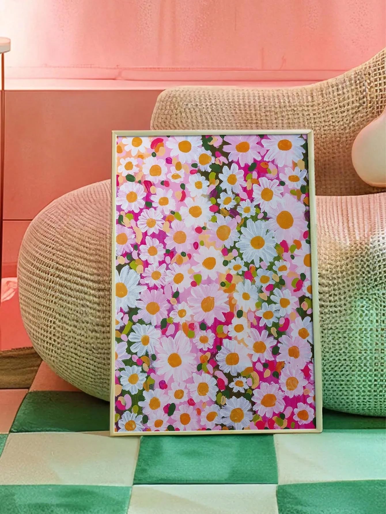 MAIMANG Canvas Wall Art, Pink Daisy Flower Art Print Canvas Poster For Bedroom Living Room Hallway Dorm Wall Decoration (60 x 90 cm/wewnętrzna rama)