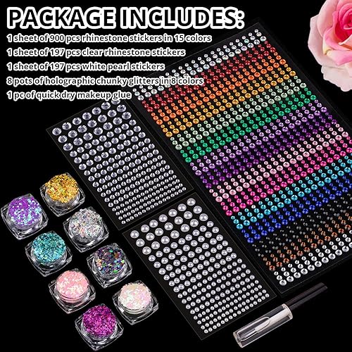 Miniatura 9 de Juego de 3 gemas coloridas para la cara, calcomanías de perlas y purpurina gruesa, 1225 piezas de joyas faciales de 0.18 a 0.23 pulgadas y 8 macetas