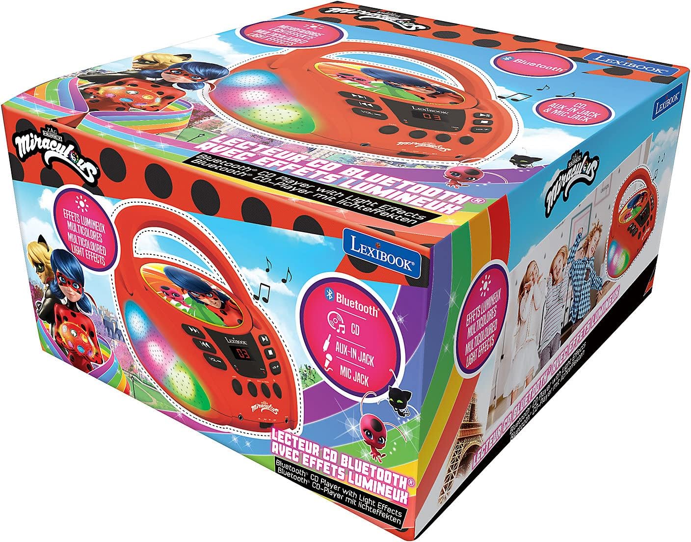 LEXIBOOK, Miraculous Ladybug Cat Noir, Bluetooth CD Player for Kids, Portable, Multicoloured Light Effects, Microphone Jack, Aux-in Jack, AC or Battery-Operated, Girls, Boys, Red, RCD109MI