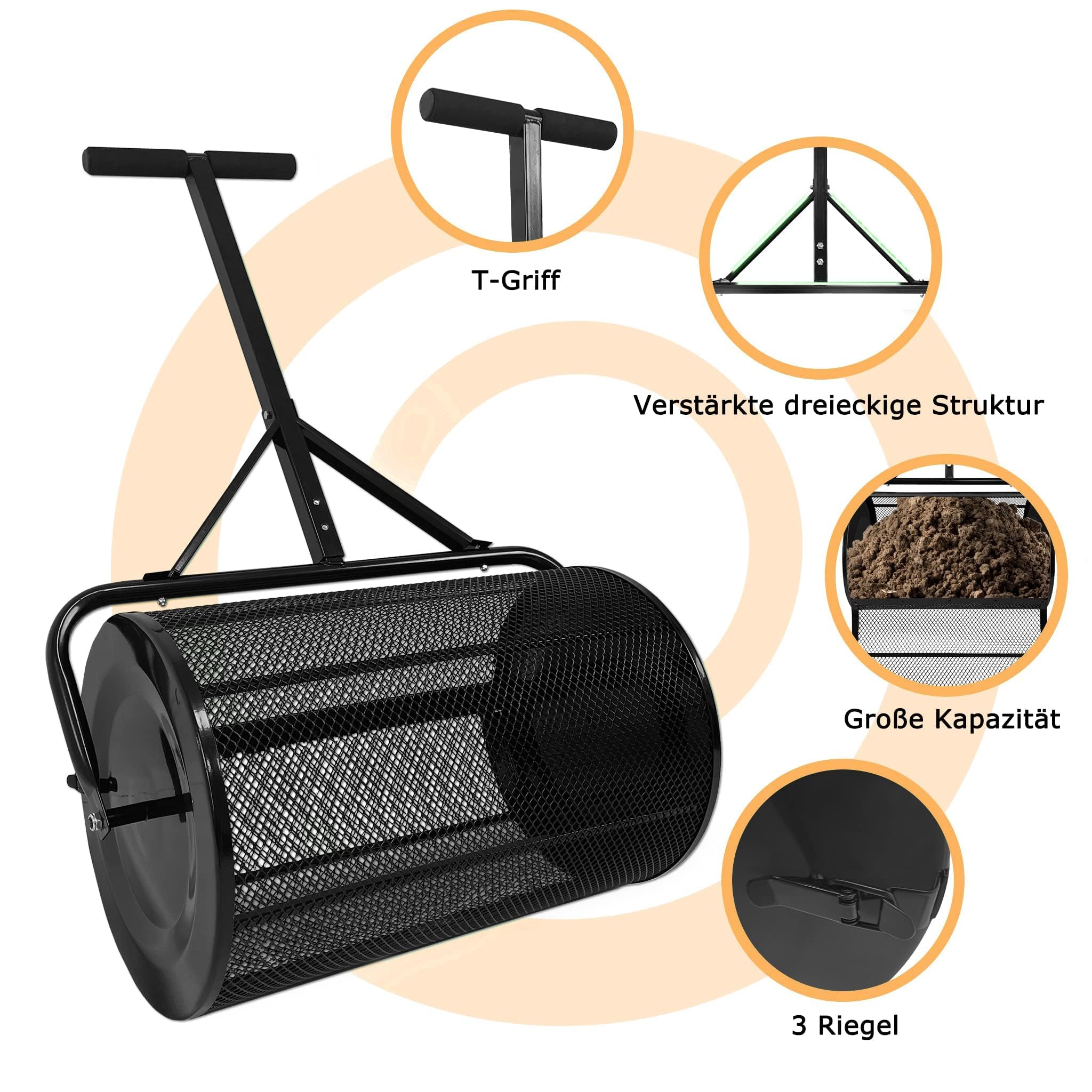 UISEBRT Esparcidor de compostaje de 80 l, color negro, con asa, esparcidor de compost y turba con cesta de malla, 65 cm de ancho, para compost, abono, turba